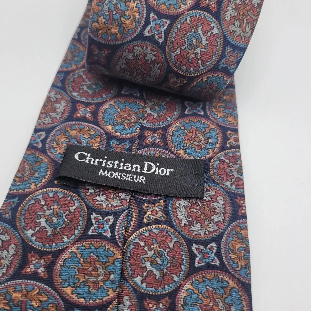 VTG Christian Dior Tie Geometric Print Silk Necktie Mosaic Medallion Tapestry - Picture 3 of 4